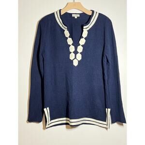 Cortland Park Navy Blue 100% Cashmere Grosgrain Trim Pullover Tunic Sweater L